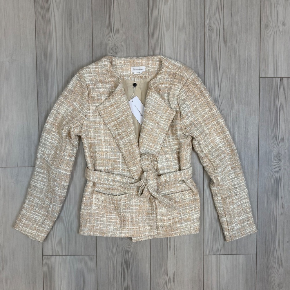 Lovers + Friends Tan White Tweed Belted Blazer Jacket NWT Small